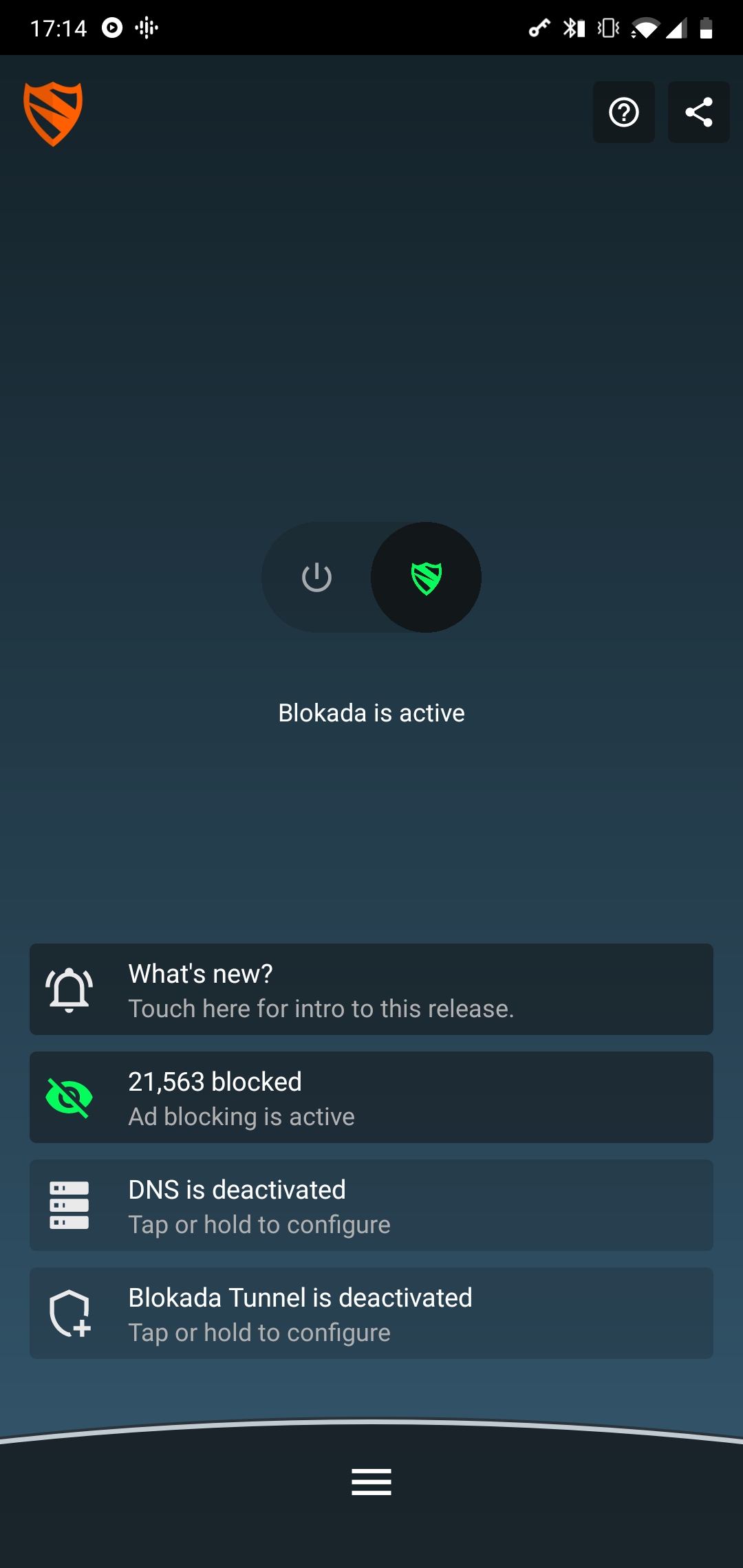 The clean, but still confusing Blokada main screen