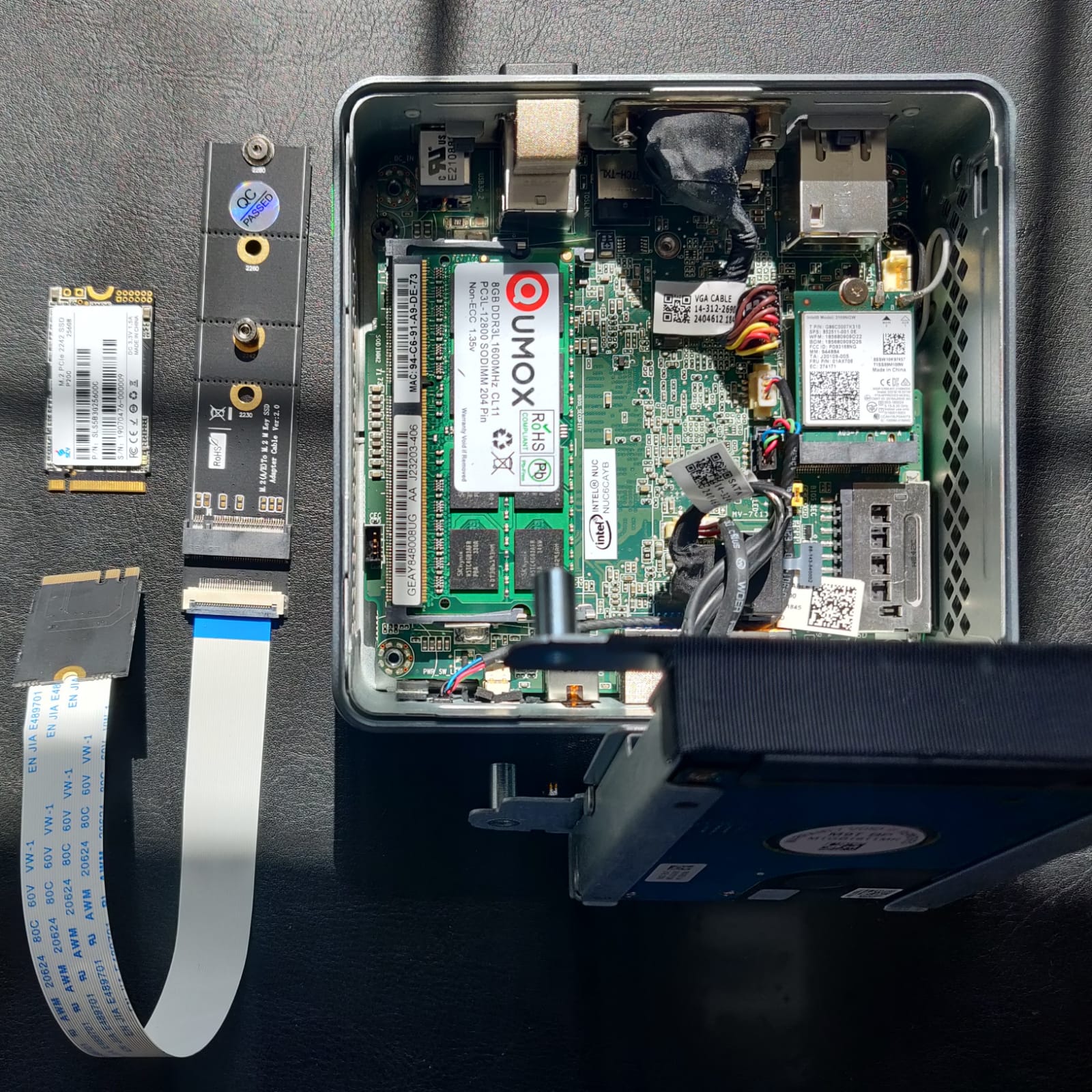 You can see how tricky placing everything in the small NUC will be. Also note the Type-M on the SSD vs the Type-A+E on the connector.